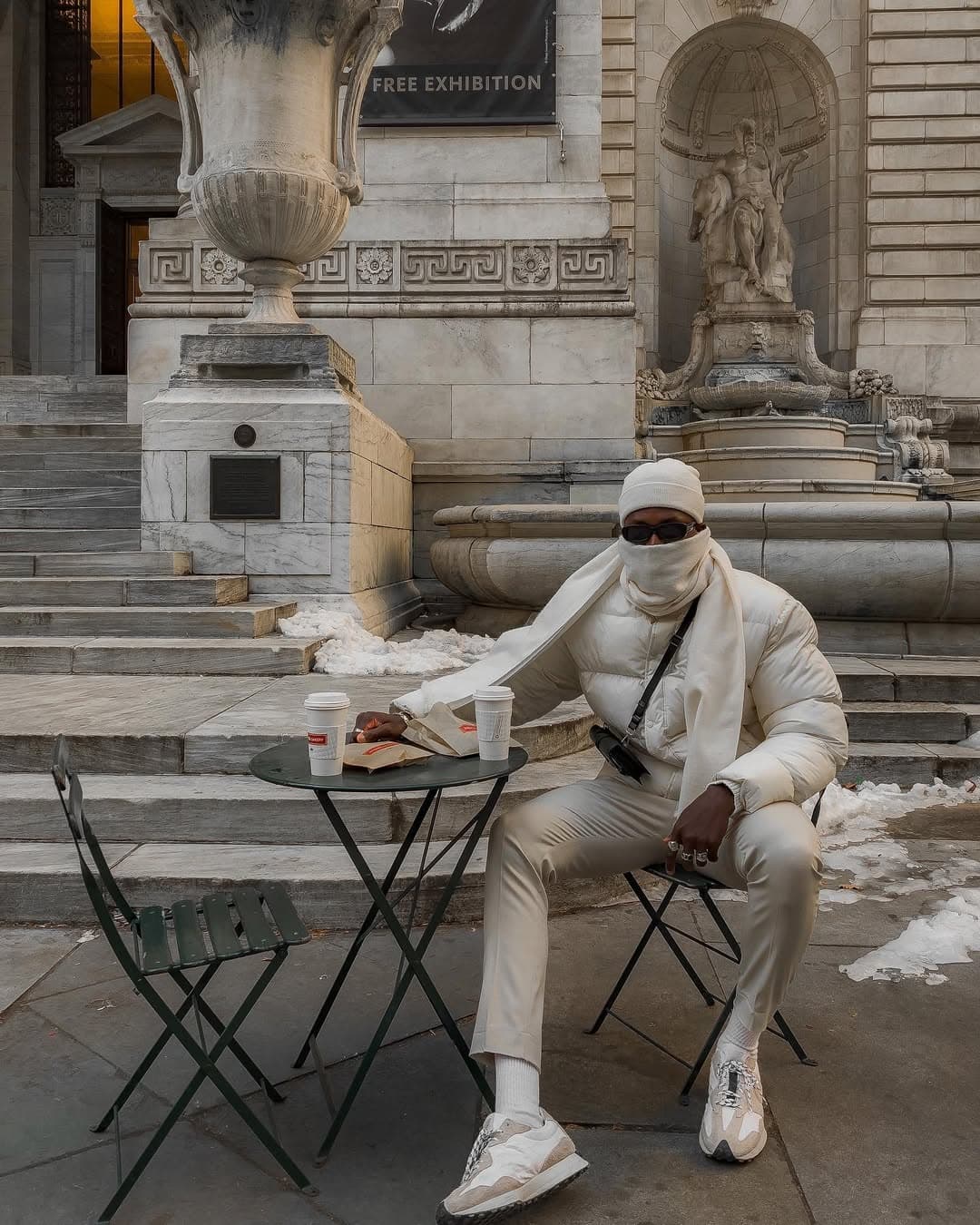 Winter coffee break, cream puffer and scarf